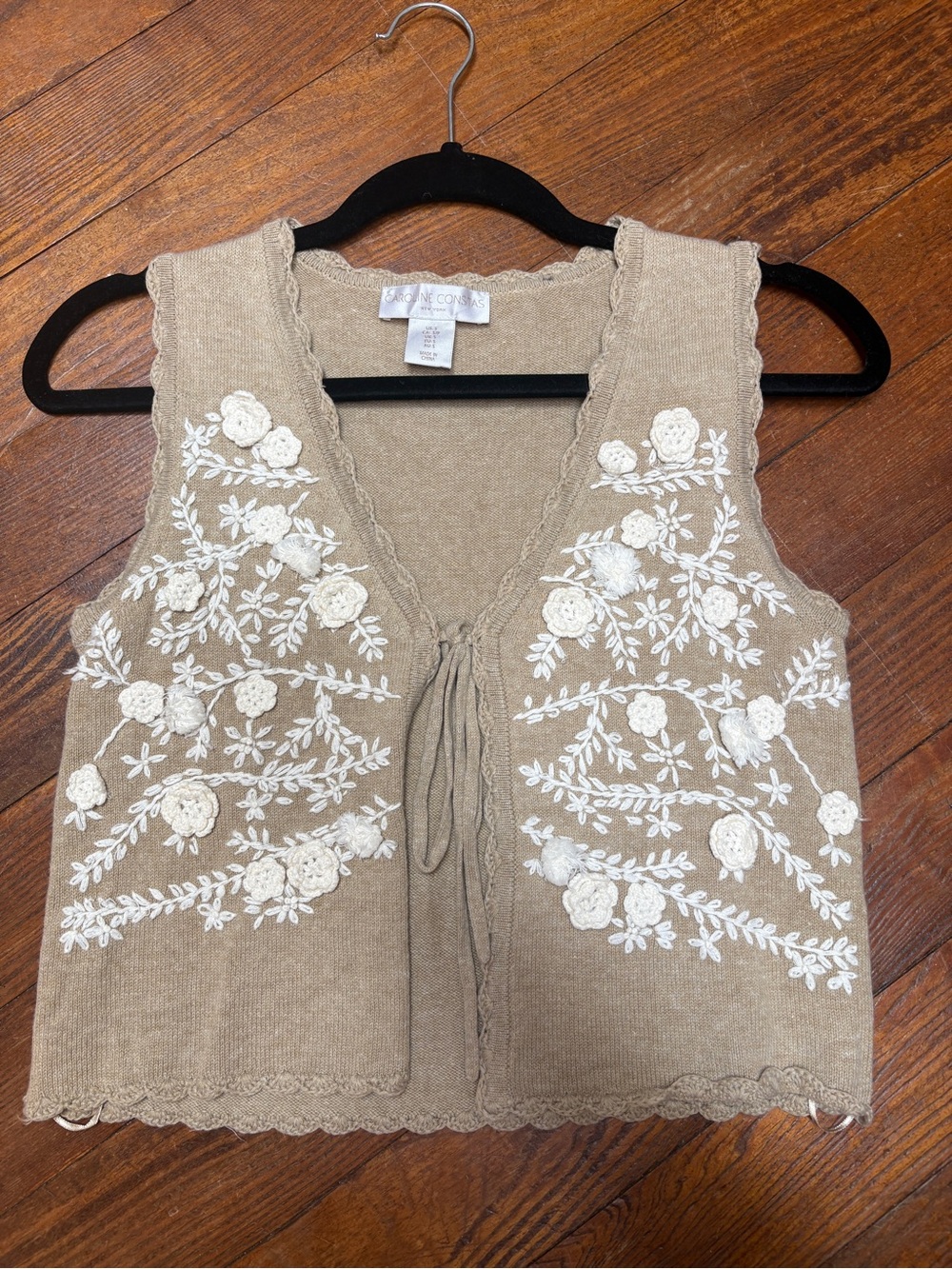 Caroline Constas Beige Knit Tank with White Floral Embroidery